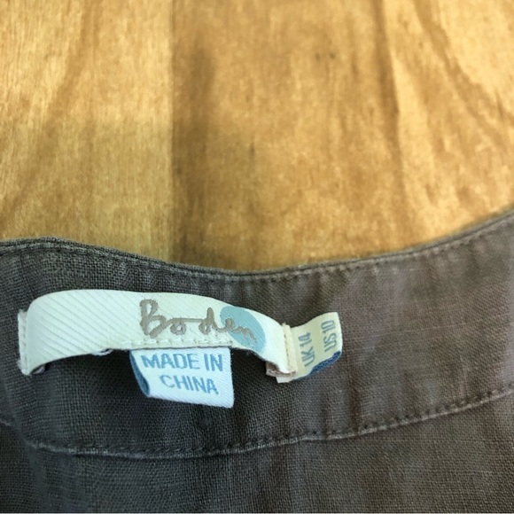 Boden 100% Linen Beaded Artsy Patch Side Zip Olive Mini Dress Womens Size 10 - Picture 5 of 11